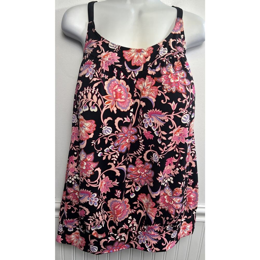 Land's End Swim Top Tankini Purple Black Flower Floral 18DD Built-in Bra Loose